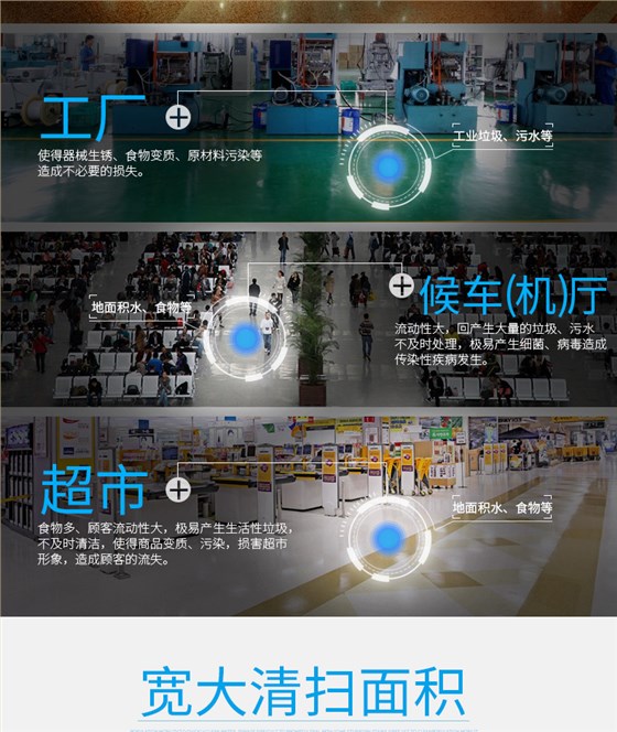 潔博士洗地機適用于超市、候車廳、工廠等場所